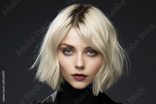 Close-Up Portrait of a Fictional Model Woman with Stylish Dyed Blond Mid-Short French Bob Haircut on a Neutral Background. Hairstyle for Women Hair Salon. Generative AI. 