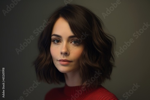 Close-Up Portrait of a Fictional Brunette Model Woman with Stylish Mid-Short French Bob Haircut on a Neutral Background. Hairstyle for Women Hair Salon. Generative AI. 