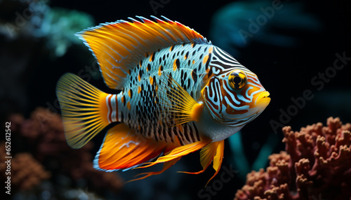 Vibrant striped clown fish swimming below the sea natural beauty generated by AI