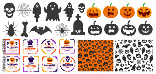 collection of mega bundle 31 October happy Halloween typography, pumpkins, spider, ghost, Halloween element, pattern, sticker design. use to background, banner, placard, party invitation card.