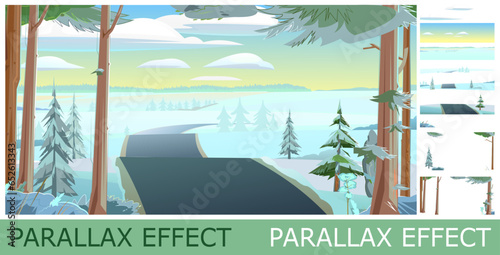 Winter road landscape. View of snow hills and pines. set of slides create parallax image layer. Cartoon style. Isolated on white background. Vector.