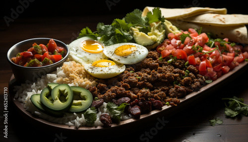 Freshness on plate tomato, meat, vegetable, salad, cilantro, beef, guacamole generated by AI