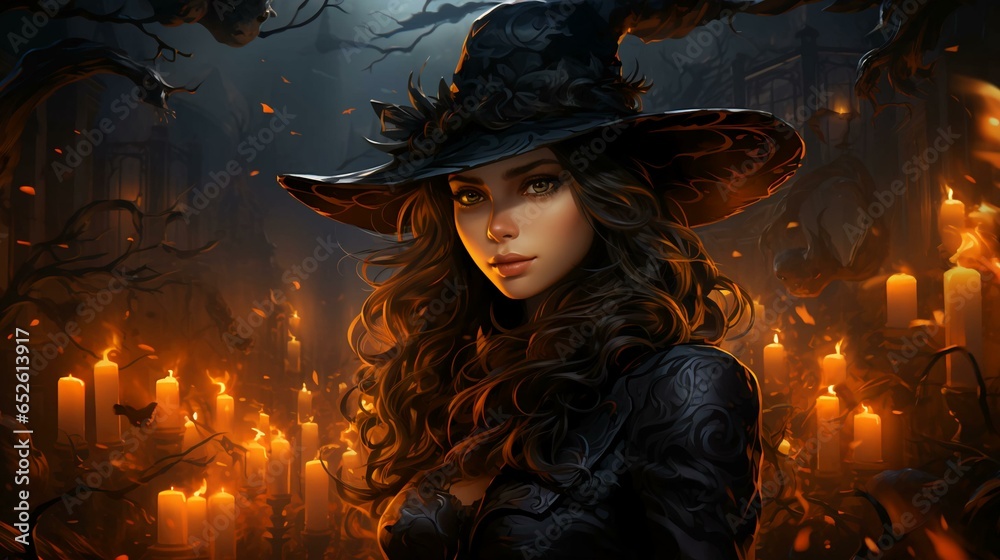 Beautiful witch in a black hat for the scary holiday of Halloween