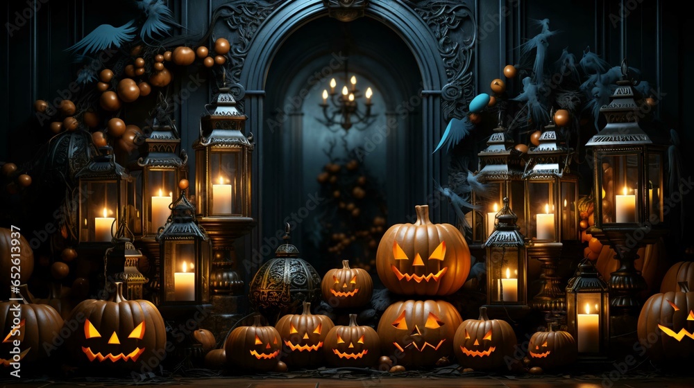 A door decorated for Halloween with decorations of pumpkins and candles