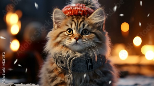 A small cat in a warm hat in winter under the snow with a blurred background for the New Year and Christmas holiday