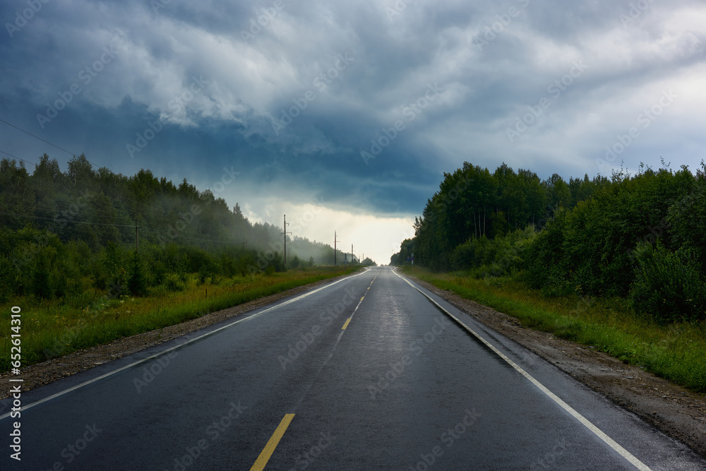 A beautiful straight road with fog in the distance. Road trip in cloudy weather. A beautiful straight road with fog in the distance. Road trip in cloudy weather.