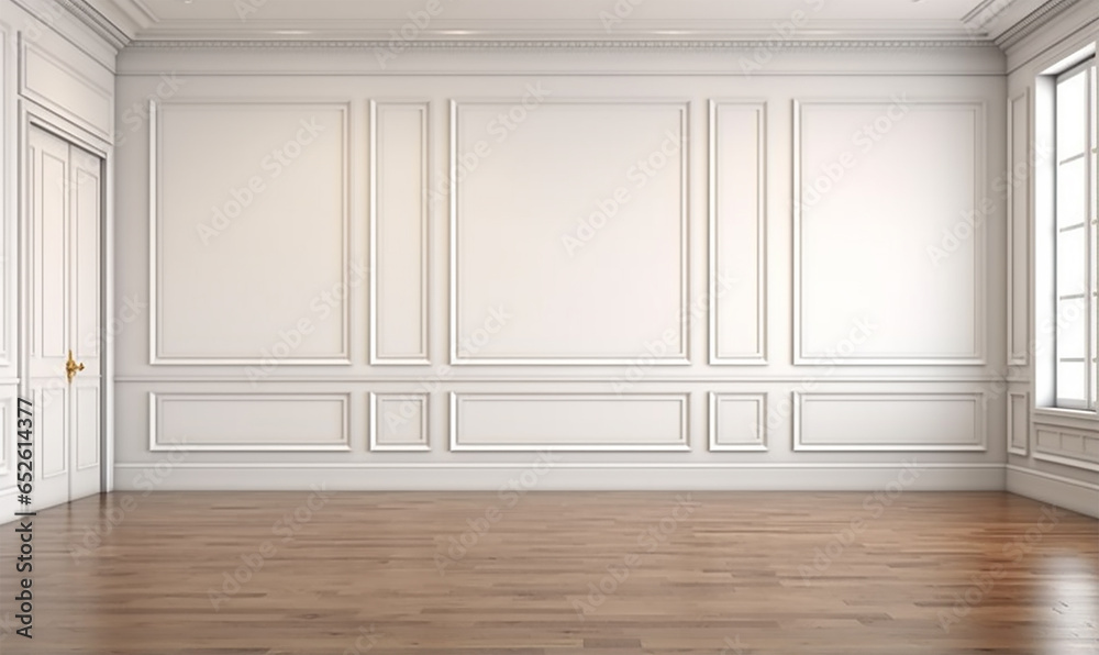elegant empty room featuring a pristine white wall adorned with classic style mouldings