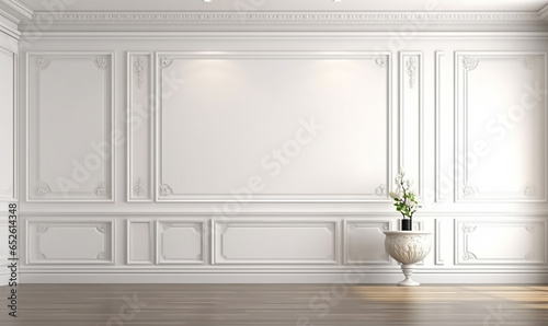 elegant empty room featuring a pristine white wall adorned with classic style mouldings