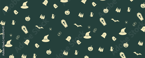 Halloween Web banner background with Candles, Bats, a Hand with Blood, a Witch Hat, cat background vector illustrator design.