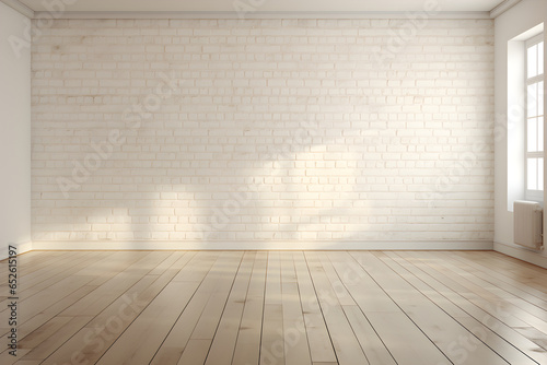 Modern contemporary white empty room with natural light. Minimal style interior room with concrete wall and wooden floor. Copy space, illustration. Generative Ai.