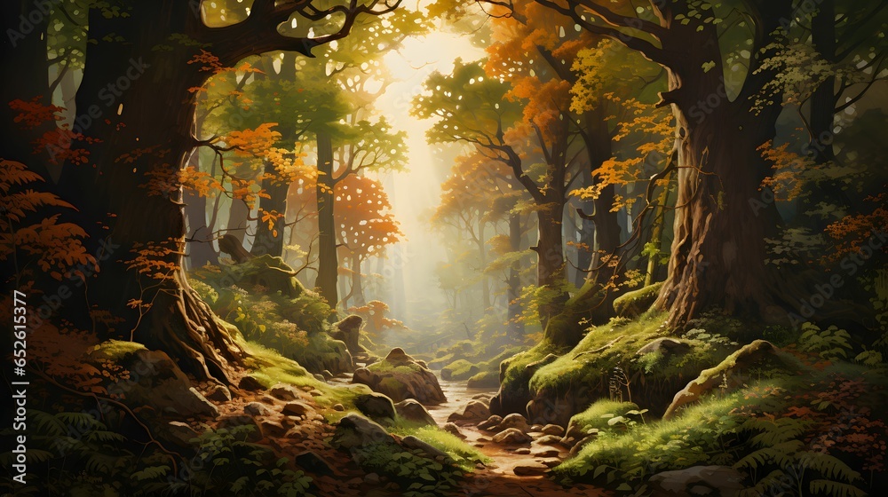 Enchanted mystical forest in watercolor style. Generative AI - obrazy, fototapety, plakaty 