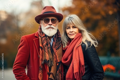 Fashionable elderly man and woman outdoors