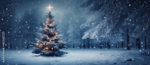 The snow covered Christmas tree contrasts with the dark blue background. Christmas concept.