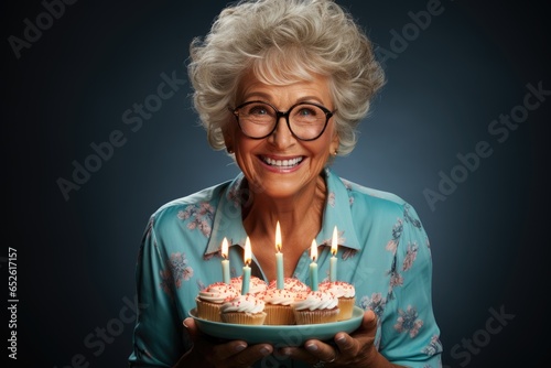 elderly woman holding a birthday cake with candles (Generative AI)
