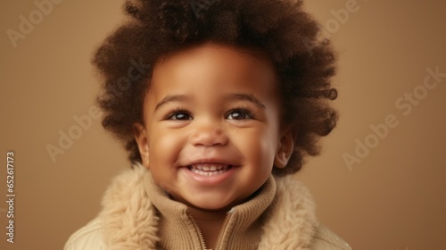An adorable Afro-American boy beaming with joy in a beige studio setting.