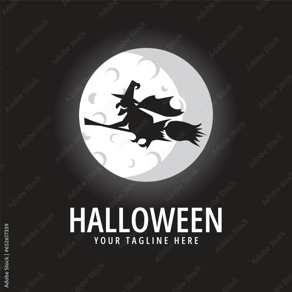 halloween logo icon design inspiration with moon and witch vector illustration