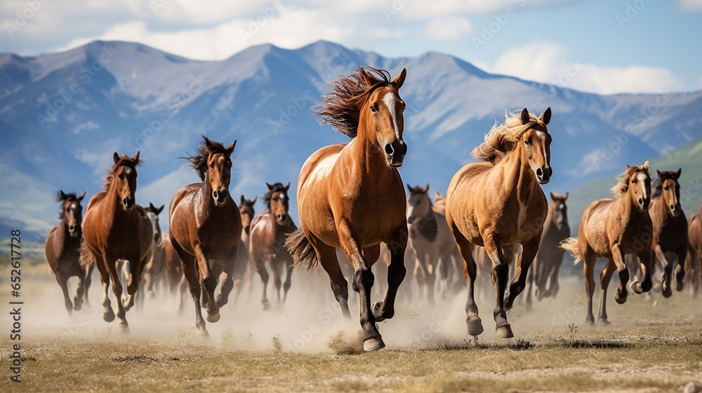 Fototapeta premium A herd of wild horses is running. Side view, a wild horse is running powerfully in front of the herd, the leader looks back at his subordinate. Natural background and mountains