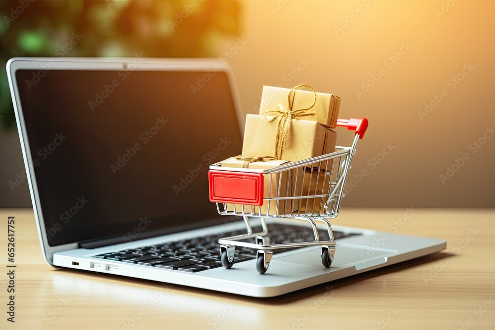 E commerce convenience. Shopping online from home. Digital marketplace. Filling cart with purchases. Buying with click of button