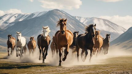 A herd of wild horses is running. Side view, a wild horse is running powerfully in front of the herd, the leader looks back at his subordinate. Natural background and mountains
