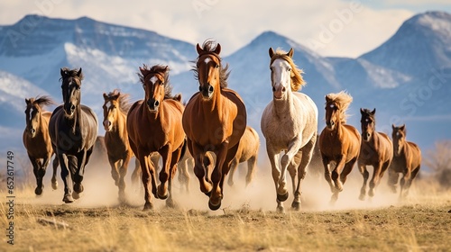 A herd of wild horses is running. Side view  a wild horse is running powerfully in front of the herd  the leader looks back at his subordinate. Natural background and mountains