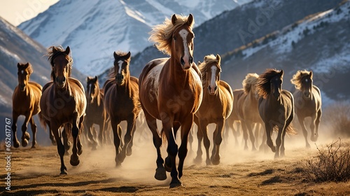 A herd of wild horses is running. Side view, a wild horse is running powerfully in front of the herd, the leader looks back at his subordinate. Natural background and mountains © Phoophinyo