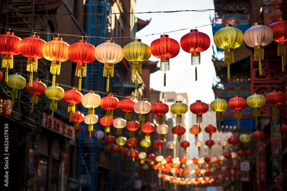 Colorful lanterns adorn Chinatown during Chinese New Year celebration. Generative AI