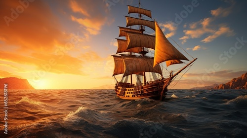 A Side view of an ancient junk ship, side view of a golden ancient junk ship sailing in the ocean, a big elegant ancient junk ship dancing in the middle of the sea