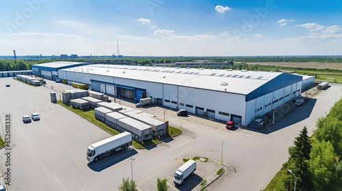 Aerial view of industrial structure, large factory with lots of space and parking lot with large cargo vehicles