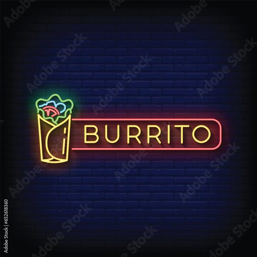 Neon Sign burrito with brick wall background vector