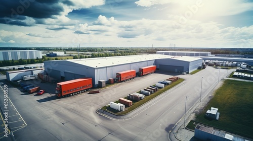 Aerial view of industrial structure, large factory with lots of space and parking lot with large cargo vehicles