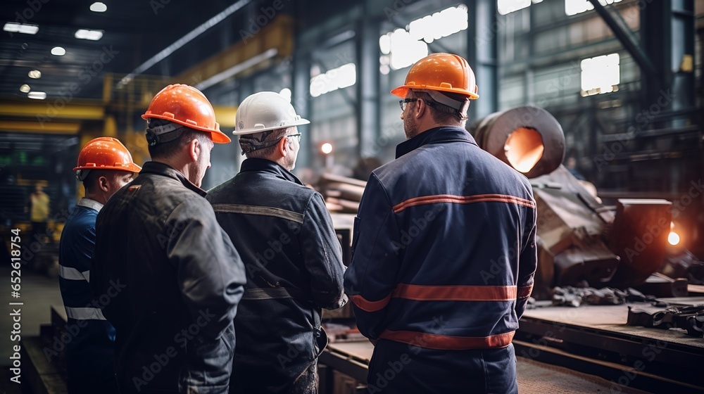 A Managers and steelworkers stand together to check the strength of the workpieces and look for other work in the factory. A Managers and steelworkers stand together to check the strength of the workpieces and look for other work in the factory.