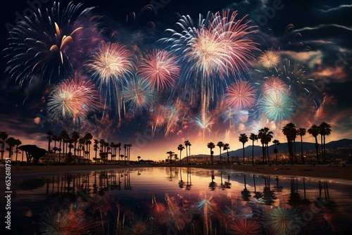 Breathtaking fireworks illuminate palm trees in the French Riviera at night. Generative AI