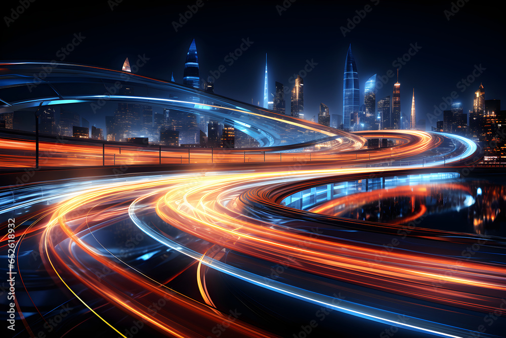 Light abstract speed motion in urban highway road, night scene. Speeding sports car on neon highway. long exposure red, blue, green, orange.  Generative Ai