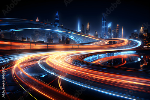 Light abstract speed motion in urban highway road, night scene. Speeding sports car on neon highway. long exposure red, blue, green, orange.  Generative Ai
