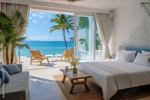 Sea view bedroom with comfy bed, white wall, natural light, tropical plant and balcony in luxury beach house or modern villa. Home interior, tropical resort concept. Generative Ai