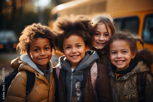 Group of adorable elementary school children in front of the school bus. Generative Ai
