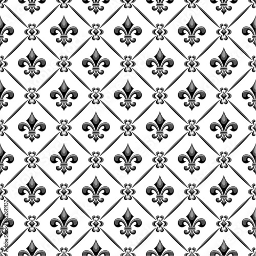 Vector Fleur de Lis Seamless Pattern, repeating background with illustrations of lattice pattern and fleur de lis symbols in rhombus cells, square poster with gray french ornament on white background