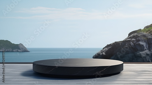 Empty round black marble podium on stone platform with sea and blue sky background, for use display product.   © theevening