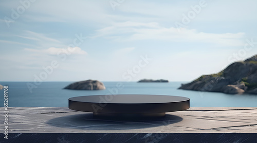 Empty round black marble podium on stone platform with sea and blue sky background, for use display product. 