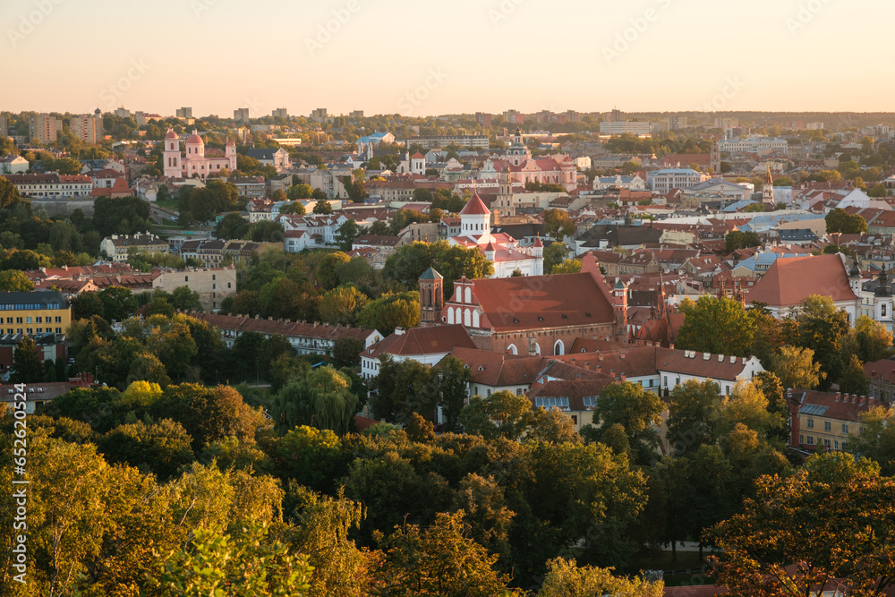 Sunset view of the Old Town from Three Crosses, in Vilnius, Lithuania