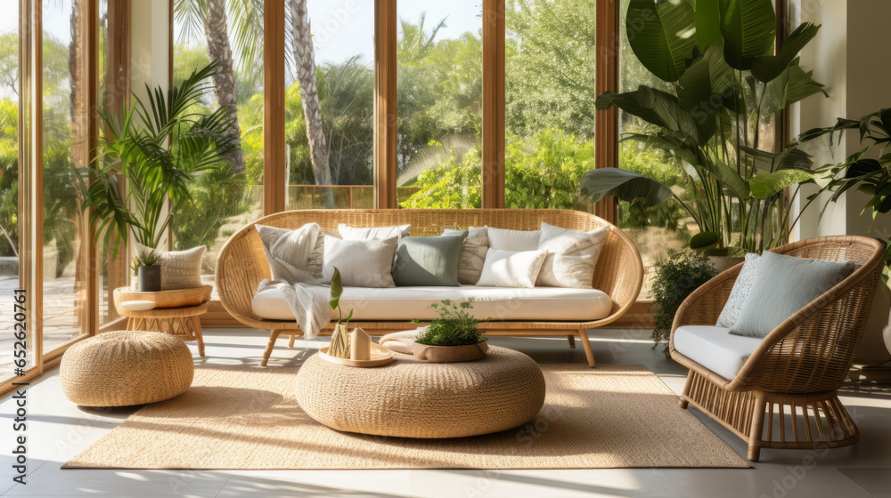 A spacious living room, featuring a rattan sofa set with plush cushions. A wicker coffee table, accompanied by woven plant stands housing lush greenery, completes the scene.