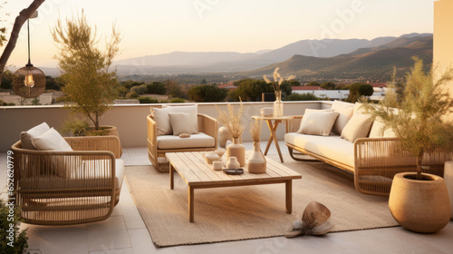 An outdoor patio, adorned with rattan lounge chairs and wicker side tables. Vases of dried flowers and ceramic pots accentuate the furniture. © GustavsMD