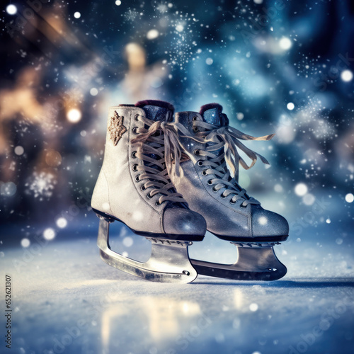  A pair of ice skates on a frozen lake with snowflake 