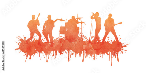 Watercolor silhouette musical group or rock band playing a concert