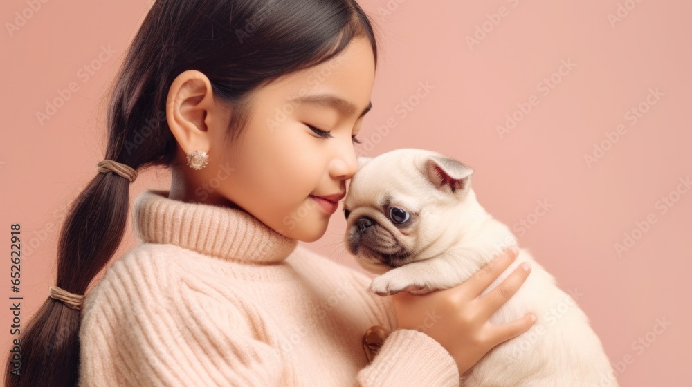 A multicultural girl and her cute dog in a studio portrait.