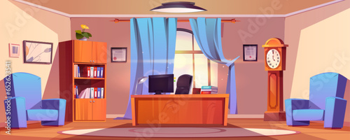 Company office room with furniture. Vector cartoon illustration of lawyer or accountant workspace, computer and lamp on desk, folders with documents on shelf, blue armchairs, abstract picture on wall