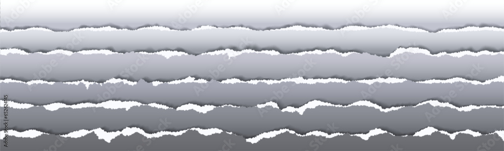 Torn and rip paper edge texture vector banner. White tear page strip template border. Grunge damage scrapbook abstract frame collection. Ripped sheet collection for vintage rough header illustration