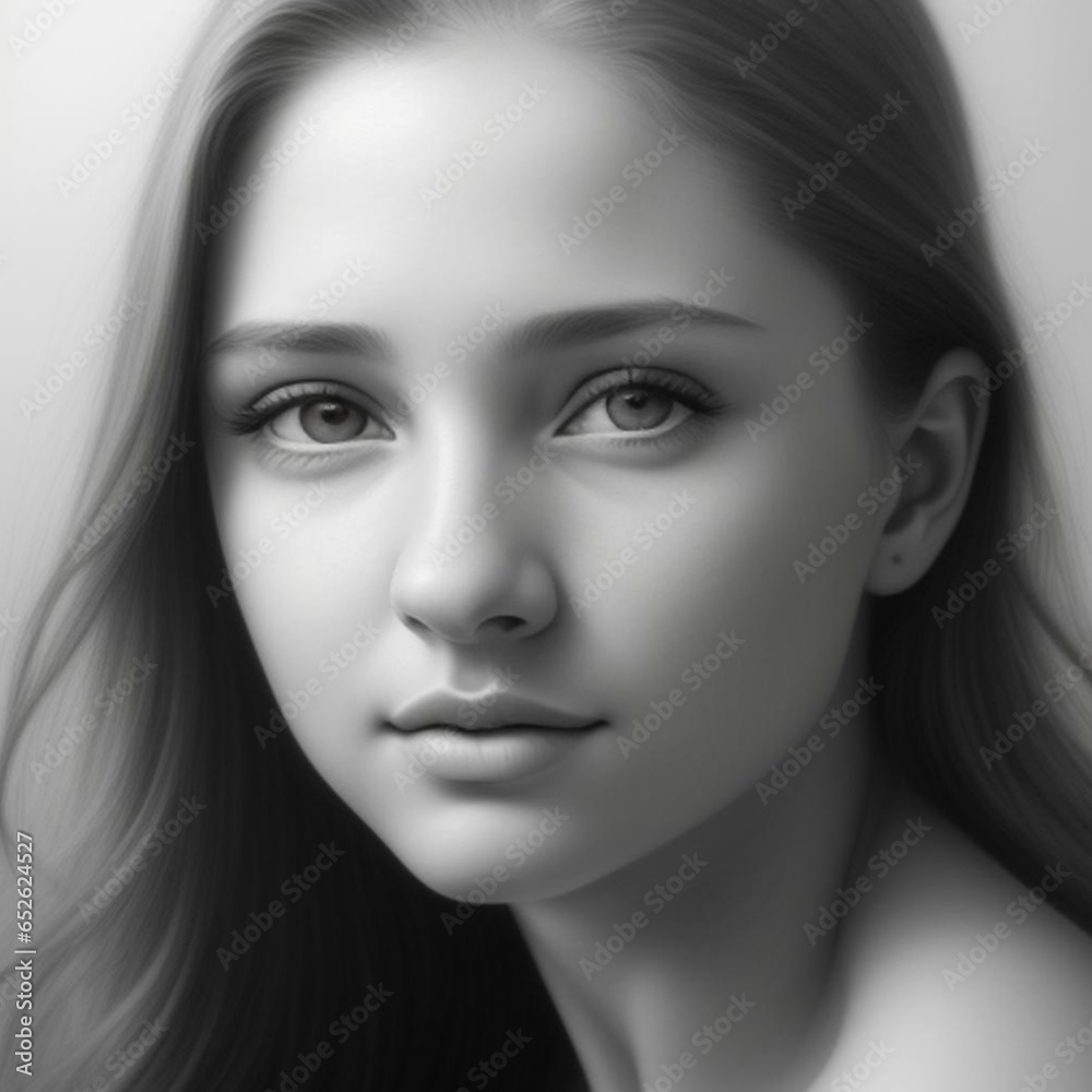 Fototapeta premium Monochrome detailed graphite pencil drawing, portrait of a beautiful young woman. Generative AI