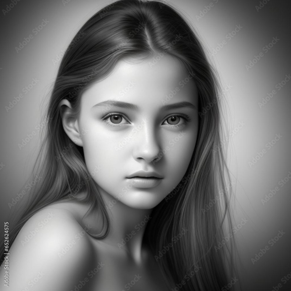 Monochrome detailed graphite pencil drawing, portrait of a beautiful young woman. Generative AI Monochrome detailed graphite pencil drawing, portrait of a beautiful young woman. Generative AI