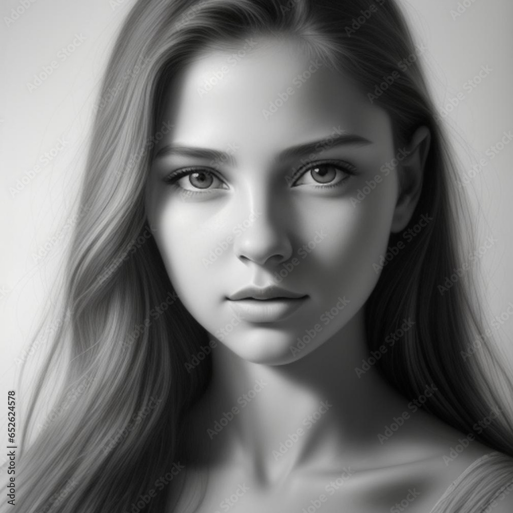 Fototapeta premium Monochrome detailed graphite pencil drawing, portrait of a beautiful young woman. Generative AI